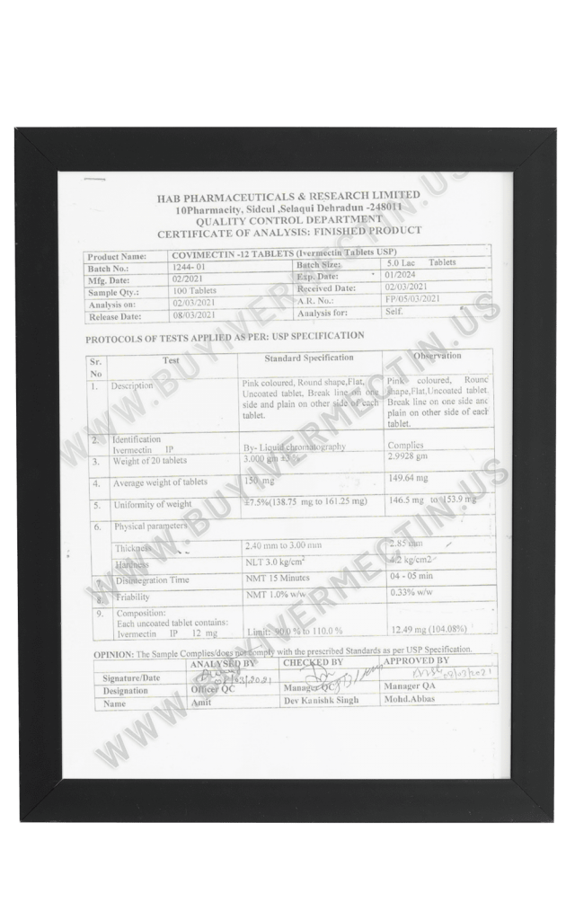 Certificate Covimectin 12